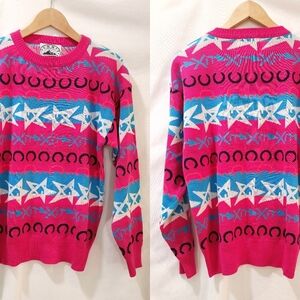 Summit Country Vintage Sweater Wool Blend Pink Blue‎ Western Star Neon Ski Large